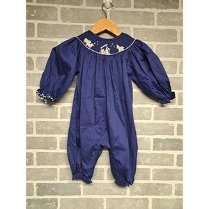 Babeeni Embroidered Romper Bodysuit Blue‎ Smock Puff Sleeve Christmas Size 12 M